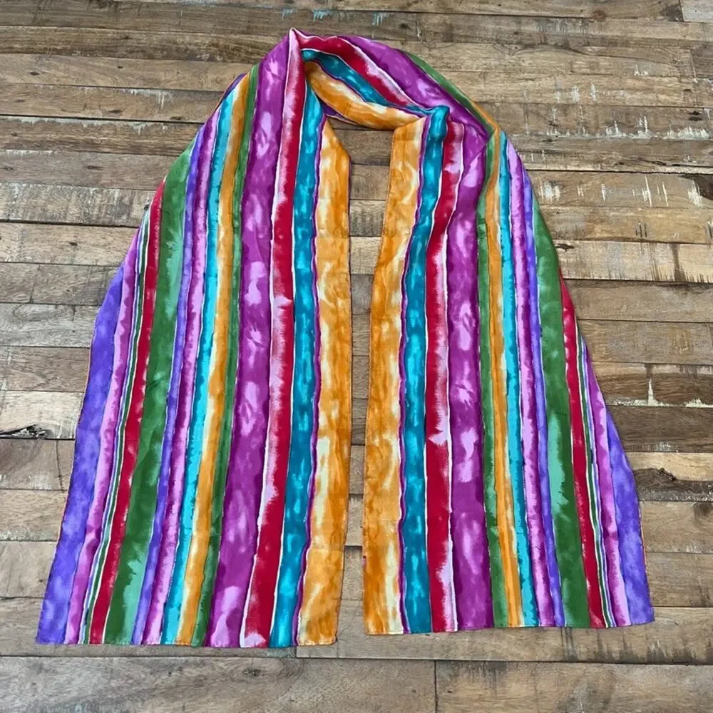 Echo 100% Silk Vibrant Watercolor Striped Scarf 10 in x 60 in Multicolored